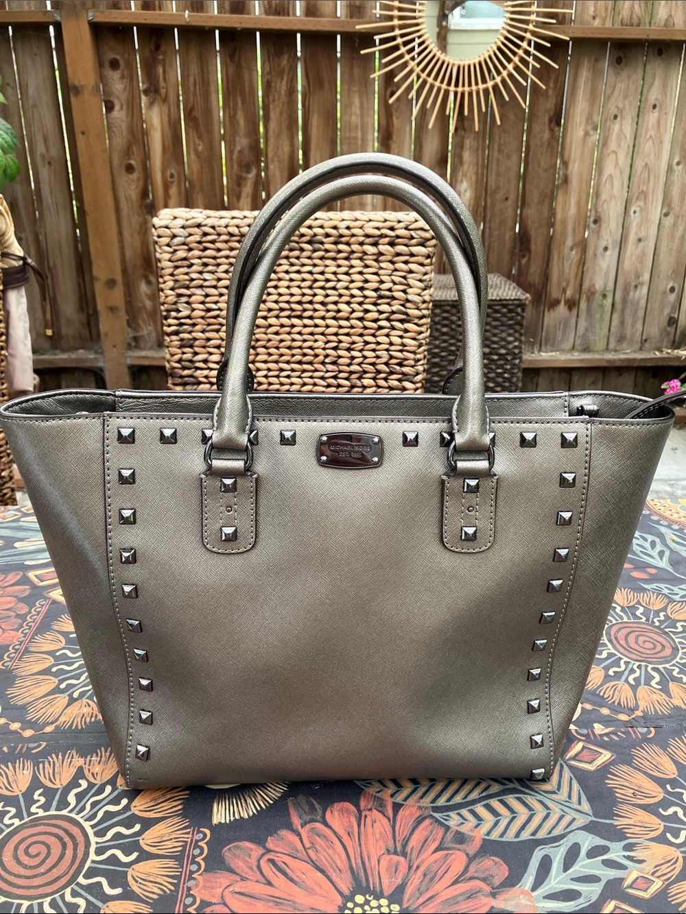 Michael Kors Metallic Silver Studded Sandrine Bag Tote